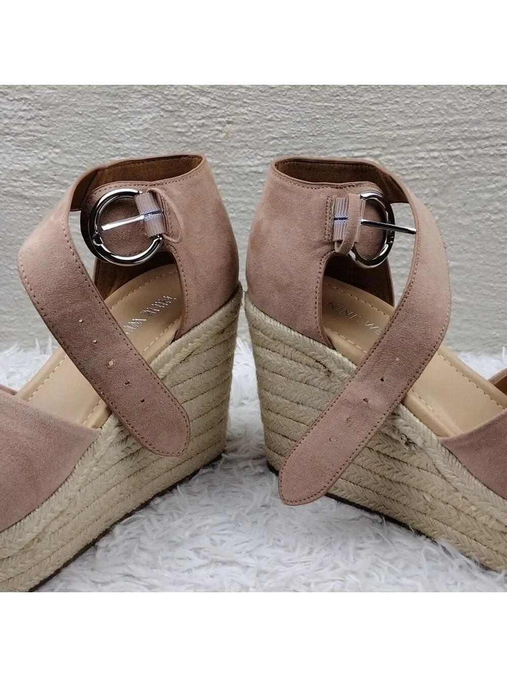 NINE West Adell Pink Faux Suede Open Toe Ankle Strap Platform Wedge Espadrilles